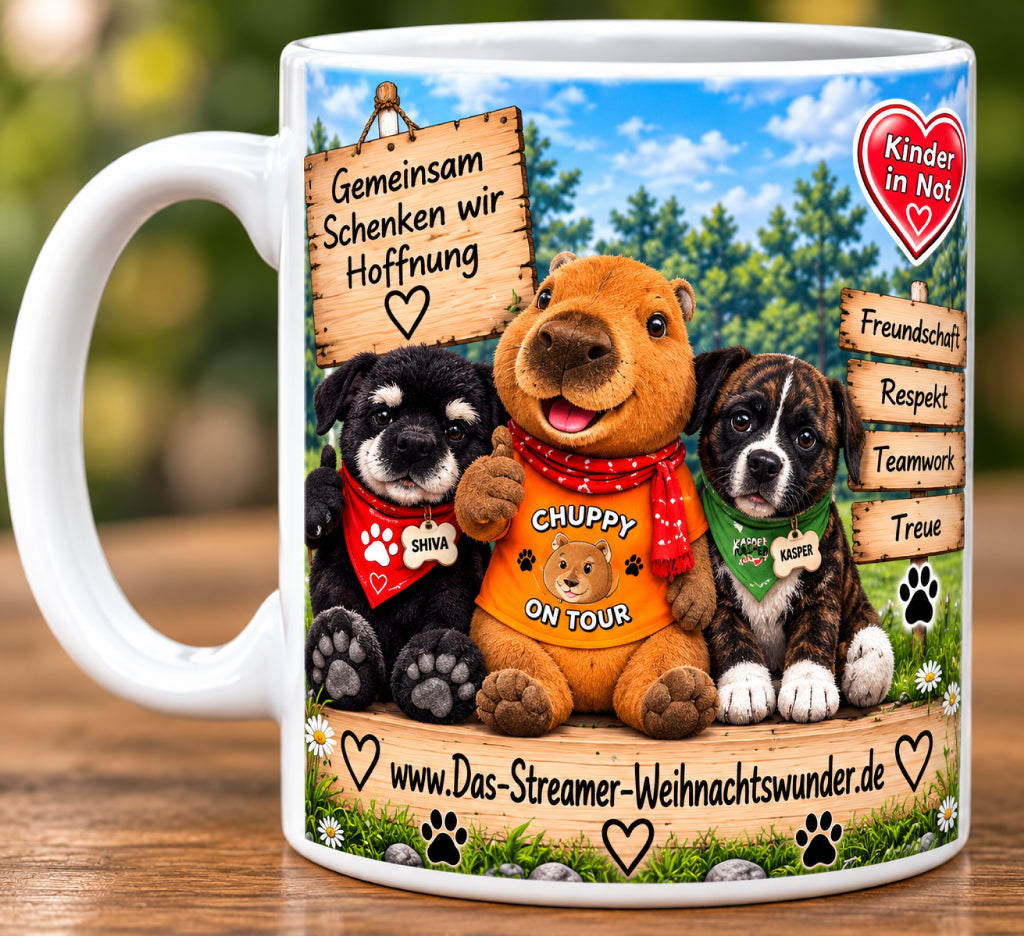 ❤️🐾 Chuppy & seine Fellfreunde Kasper und Shiva – Weihnachtswunder-Tasse 2026 🐾❤️