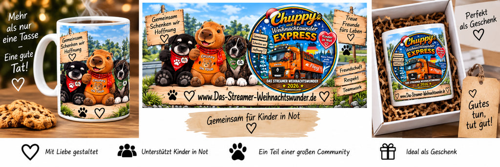 ❤️🐾 Chuppy & seine Fellfreunde Kasper und Shiva – Weihnachtswunder-Tasse 2026 🐾❤️