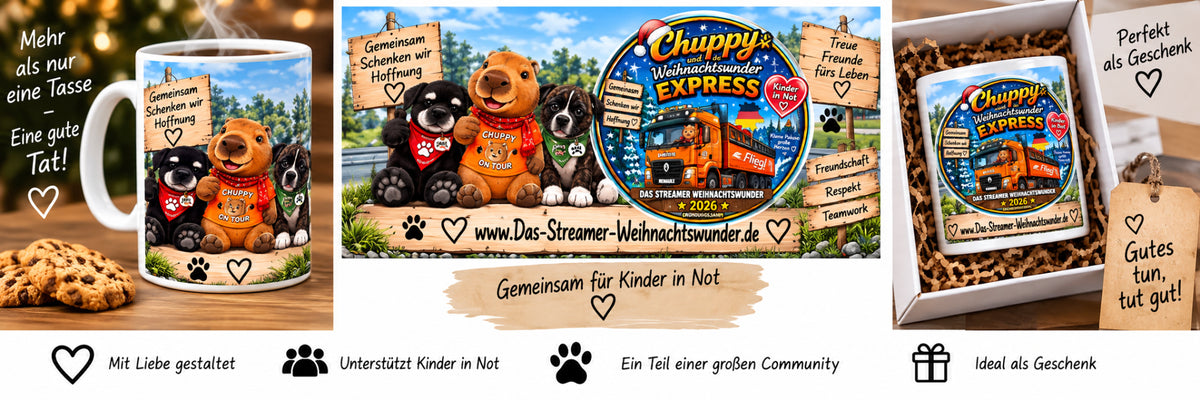 ❤️🐾 Chuppy & seine Fellfreunde Kasper und Shiva – Weihnachtswunder-Tasse 2026 🐾❤️